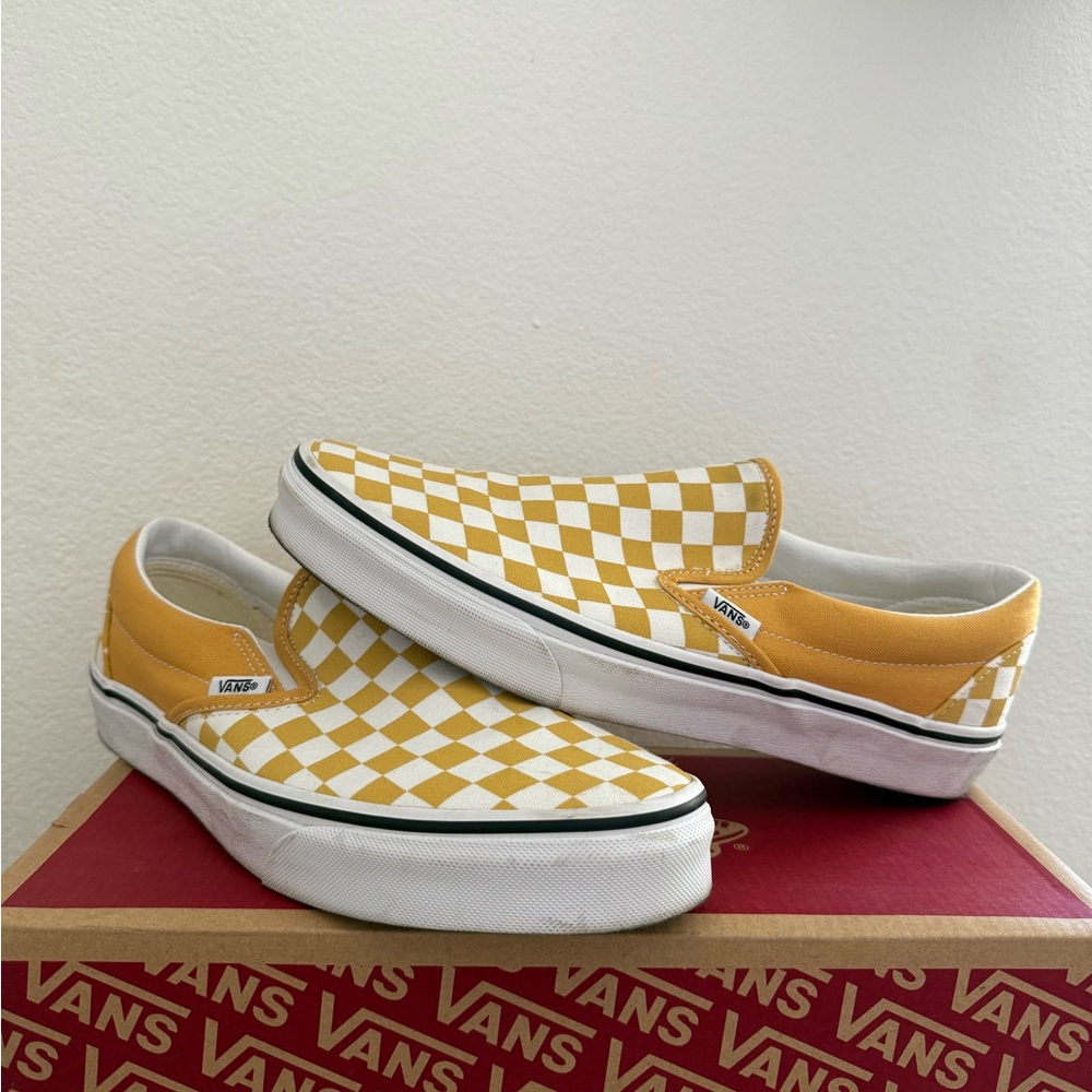 Vans Yellow and White Checkered Slip-Ons